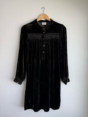 Wrap London Silk Velvet Dress Dark Moss Green Smocked Tunic Size US 4 Small